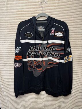 Harley-Davidson Black Hoodie with Orange and Gray Flame Skull